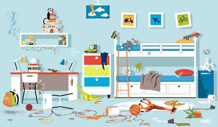 clutter filled child's bedroom in a state of chaos