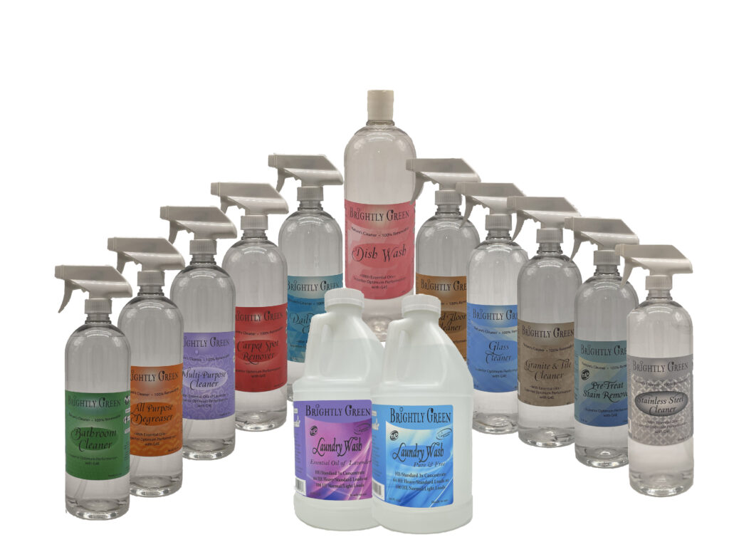 group picture of all natural sustainable cleaning products, Brightly Green Cleaners